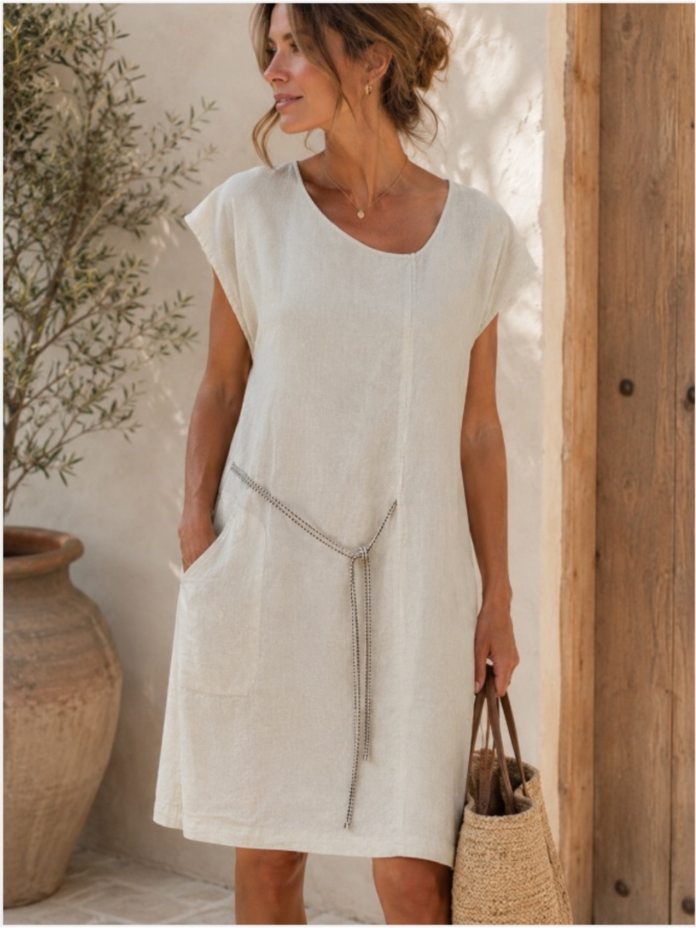 Sandwich Linen Dress Pockets EU 38 Beige Minimalist Shift Tie Waist Coastal